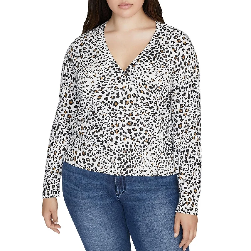 Sanctuary Womens Plus XOXO Animal Print Faux Wrap Pullover Sweater