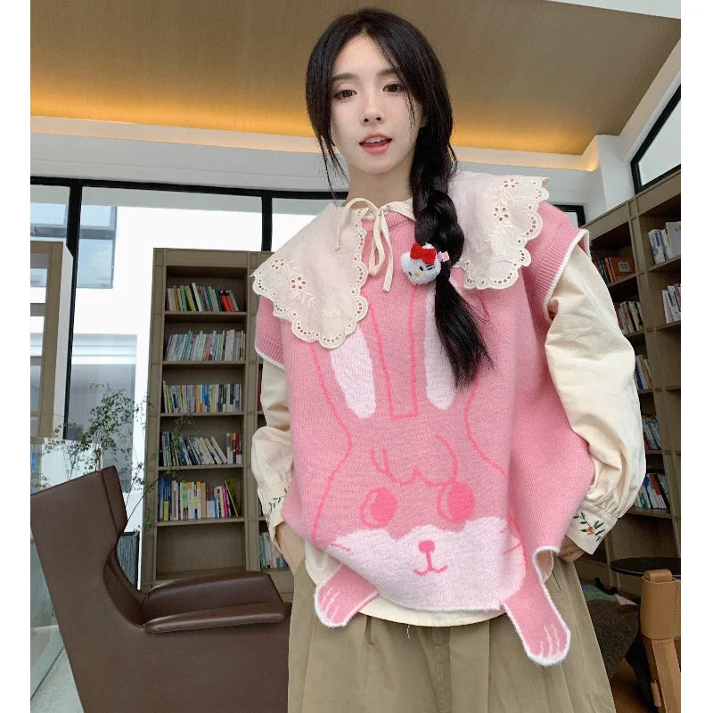 Women's Kawaii Bunny Jacquard Sleeveless Knitted Sweater