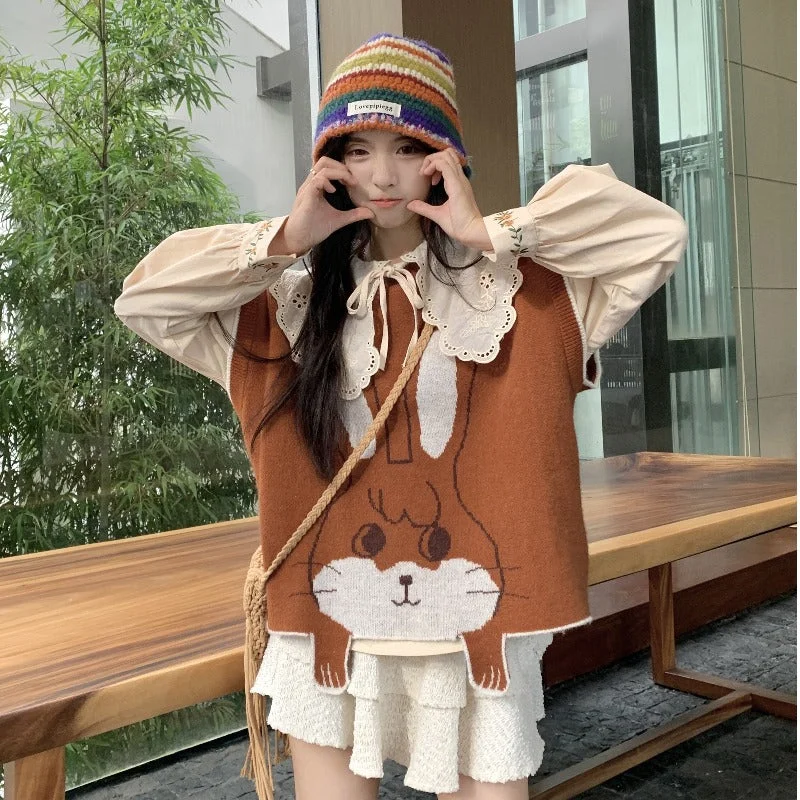 Women's Kawaii Bunny Jacquard Sleeveless Knitted Sweater