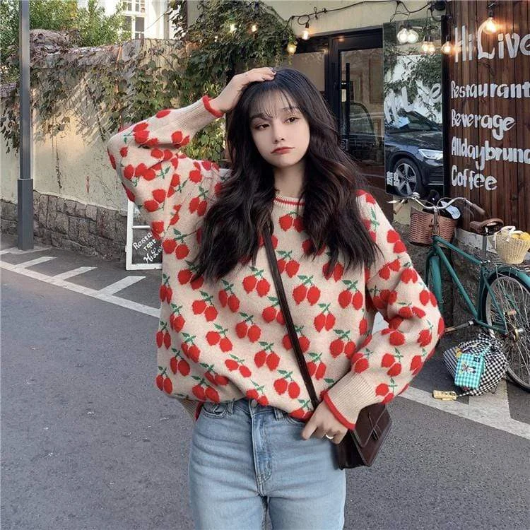 Women's Kawaii Cherry Knitted Sweater