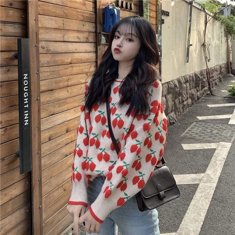 Women's Kawaii Cherry Knitted Sweater