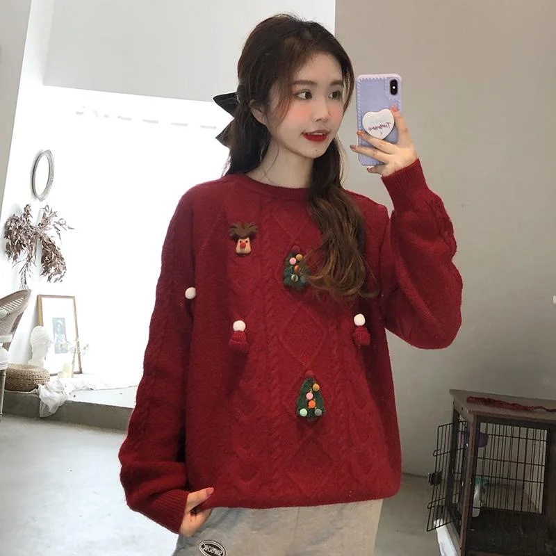 Women's Kawaii Christmas Trees Knitted Sweater