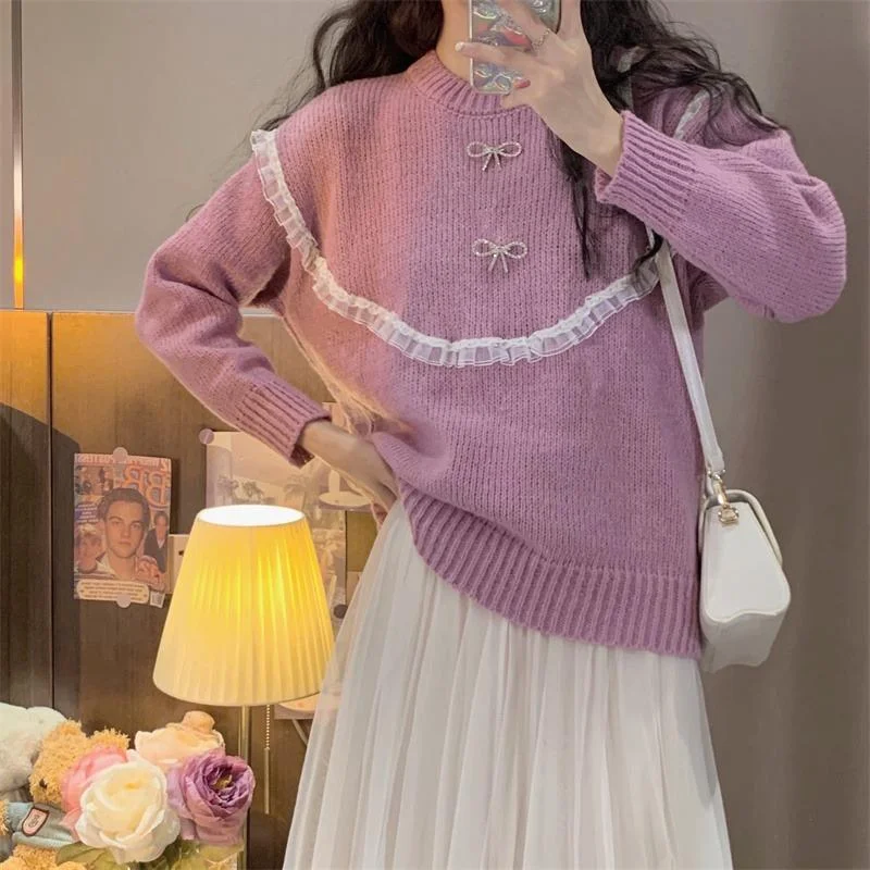 Women's Kawaii Lace Falbala Splice Bowknot Sweater