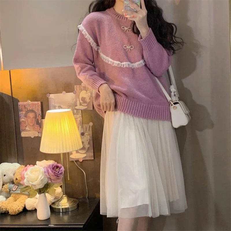 Women's Kawaii Lace Falbala Splice Bowknot Sweater