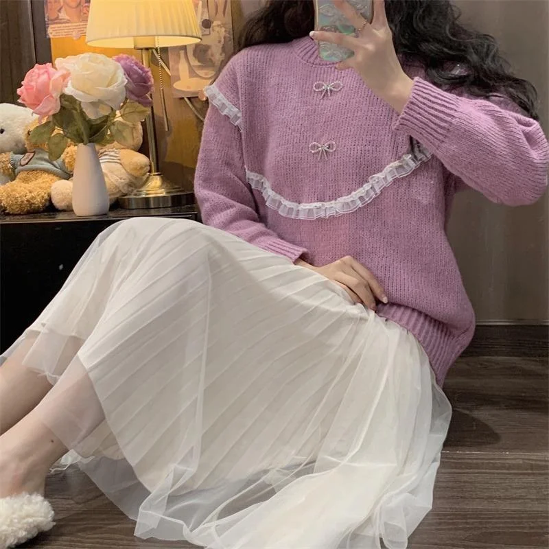 Women's Kawaii Lace Falbala Splice Bowknot Sweater