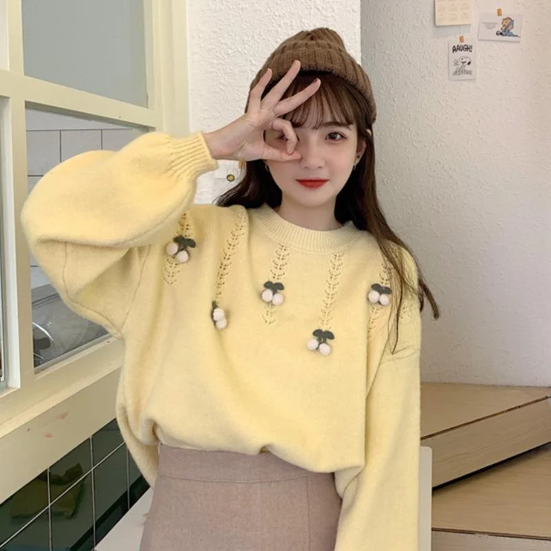 Women's Kawaii Puff Sleeved Cherry Knitted Sweater