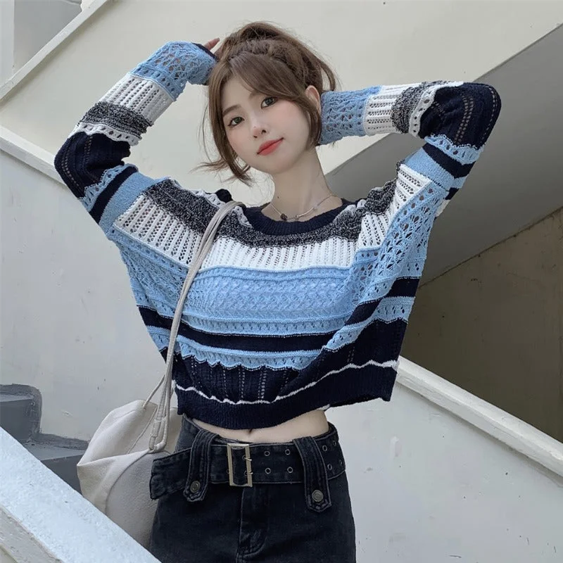 Women's Korean Style Contrast Color Cutout Knitted Top