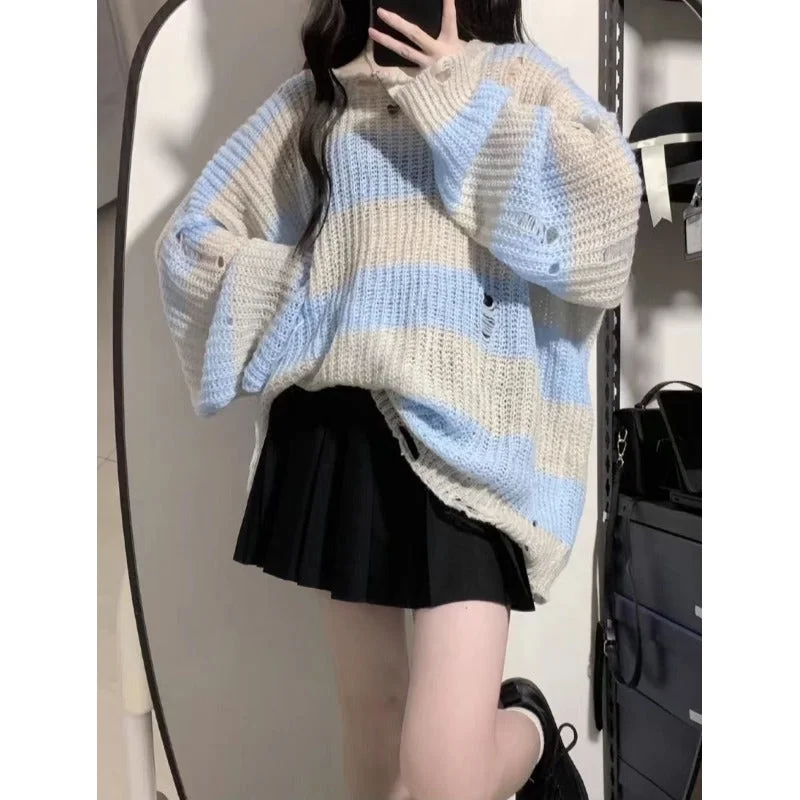 Women's Korean Style Ripped Striped Long Sweater