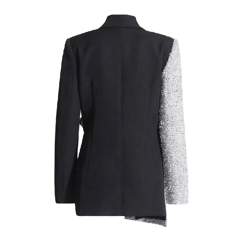 Asymmetric Lurex Tweed Long Sleeve Peak Collar Buttoned Spliced Blazer