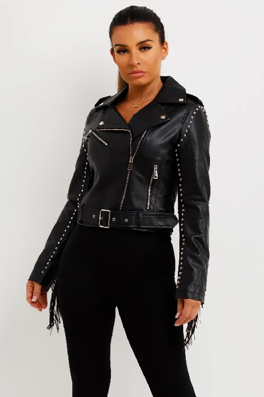 Black Faux Leather Biker Jacket With Tassels And Stud Detail