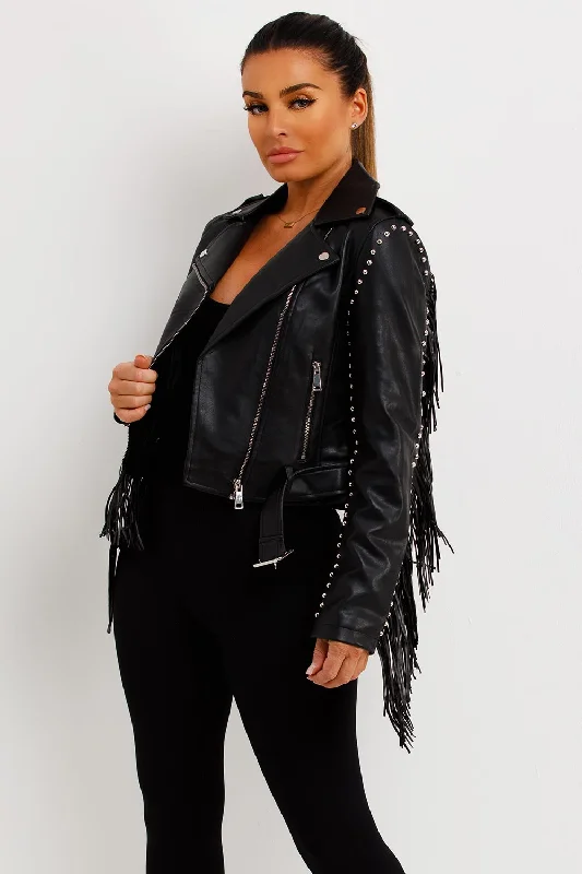 Black Faux Leather Biker Jacket With Tassels And Stud Detail