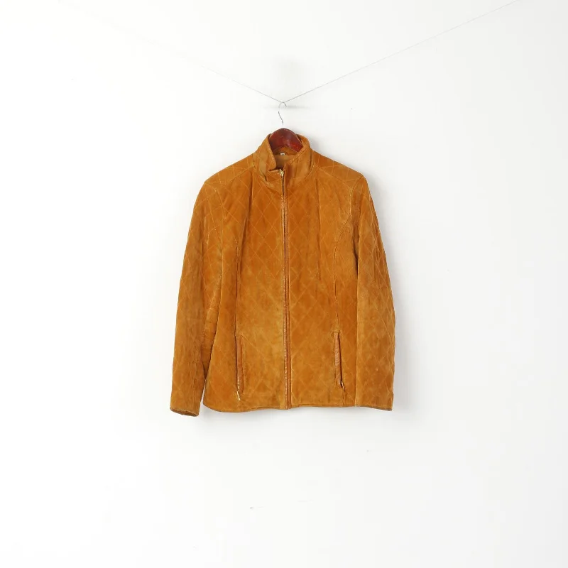 Leather Sound Wopmen 38 M Jacket Camel Pig Suede Vintage Full Zip Shoulder Pads Top