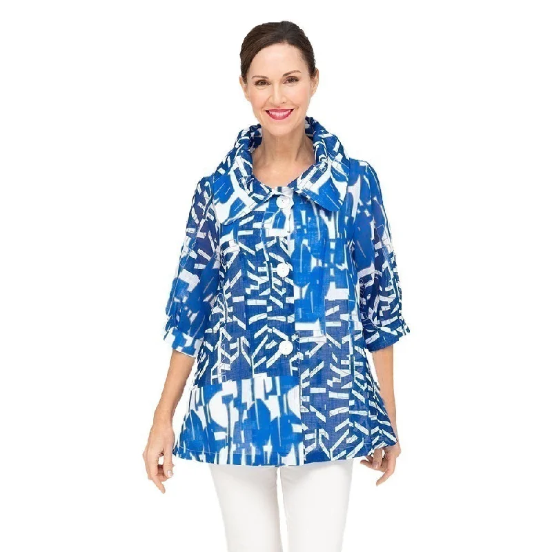 Damee Abstract-Print Swing Jacket in Blue & White - 4808-BLU - Size M Only!