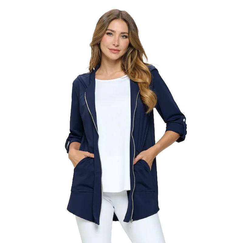 Focus Long Lightweight Hooded Jacket in Navy - PR-210-NV