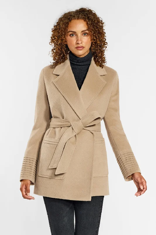 Baby Alpaca Cropped Notched Collar Wrap Coat with Square Pockets