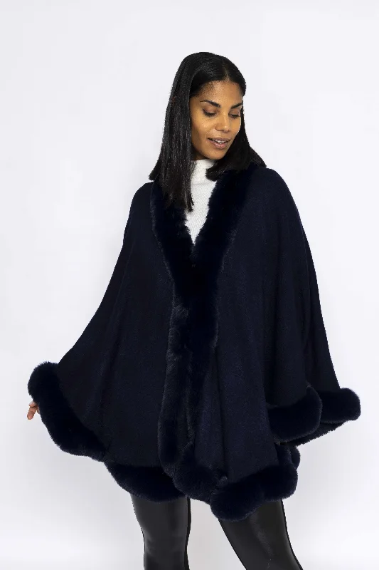 Faux Fur Trim Wrap in Navy