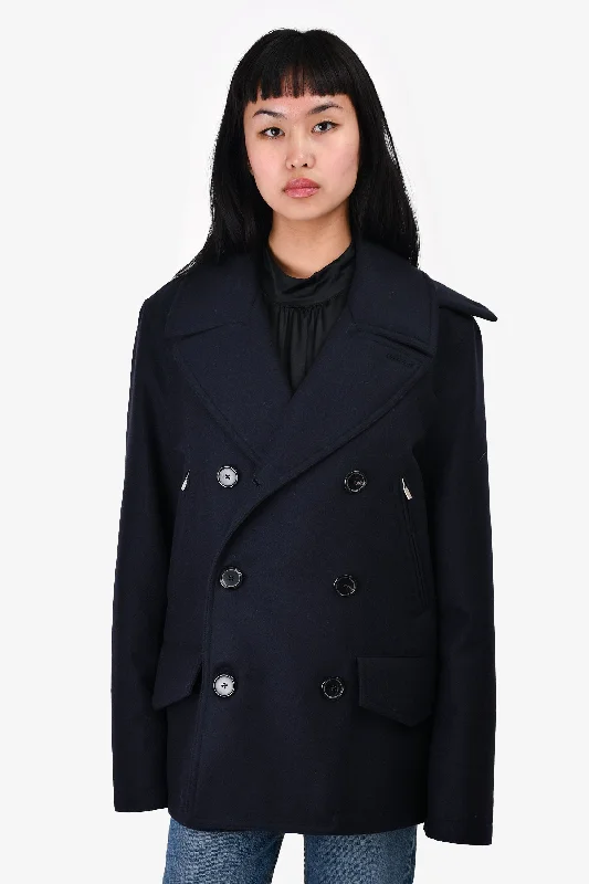 Hermès Navy Wool Double Breasted Coat Size 48