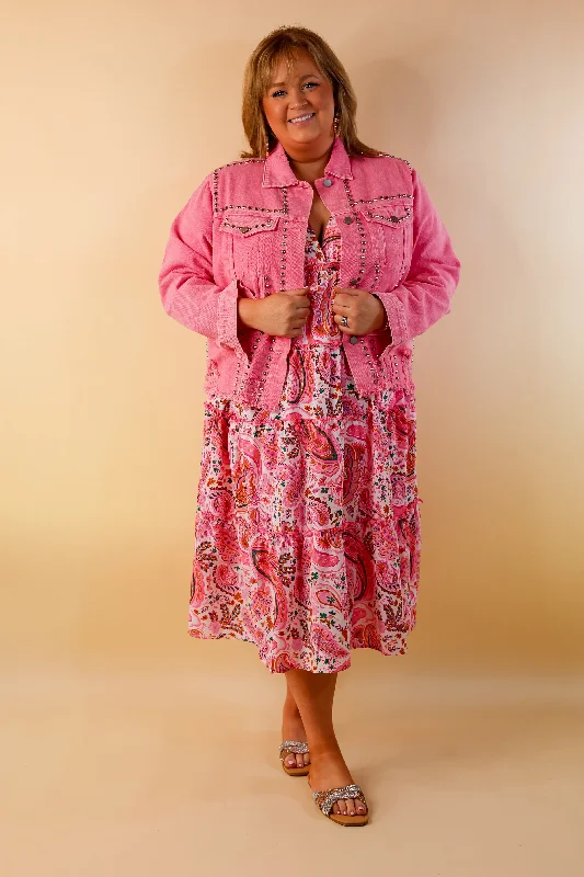 Instantly Impressed Cropped Denim Jacket with Silver Studs in Hot Pink