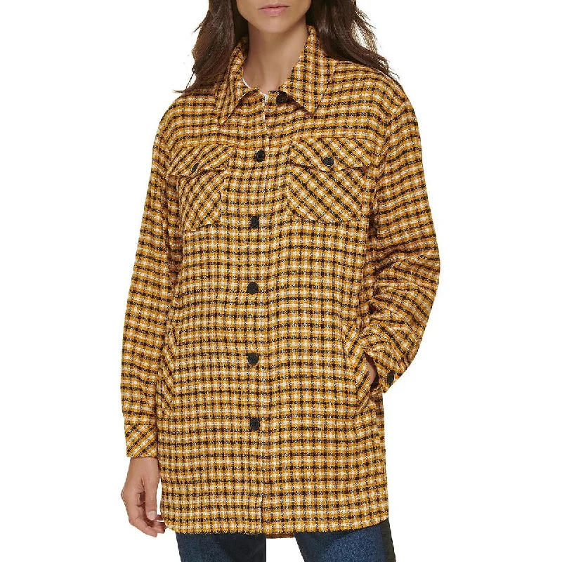 Karl Lagerfeld Paris Womens Tweed Plaid Shirt Jacket