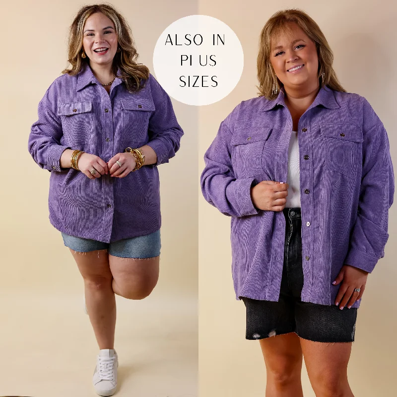 Latte Sips Button Up Corduroy Shacket in Purple Haze