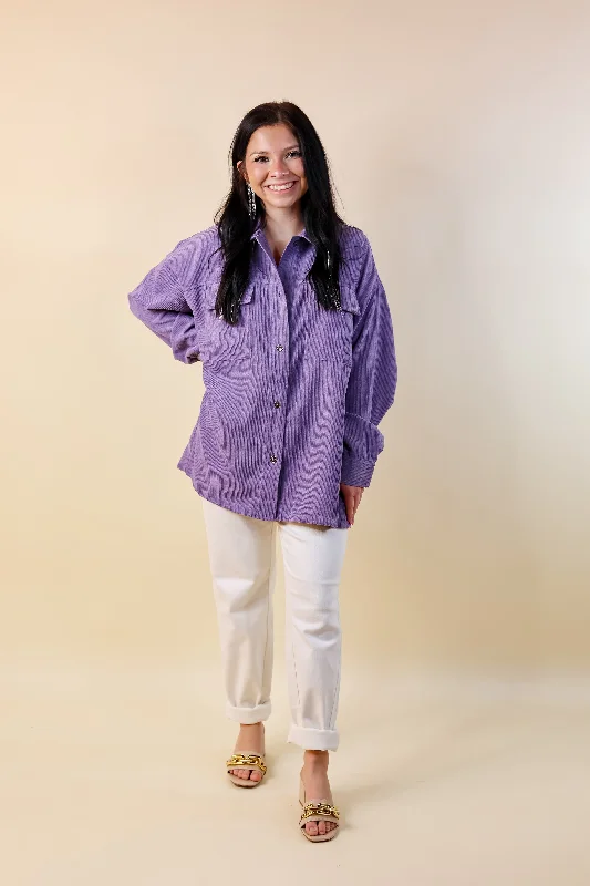 Latte Sips Button Up Corduroy Shacket in Purple Haze