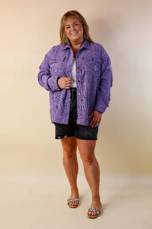 Latte Sips Button Up Corduroy Shacket in Purple Haze