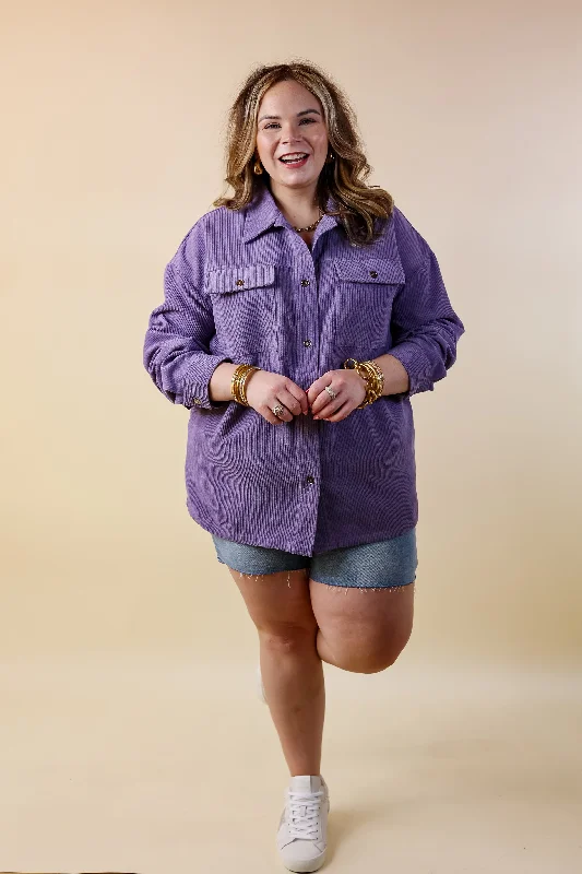 Latte Sips Button Up Corduroy Shacket in Purple Haze