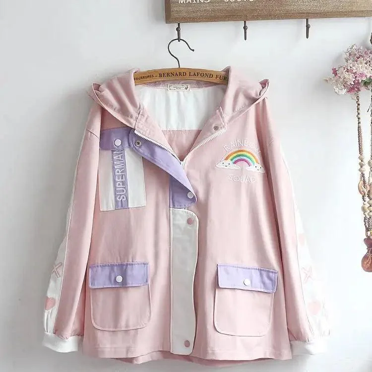 Cute Autumn Soft Girl Loose Cardigan Rainbow Embroidery Hood