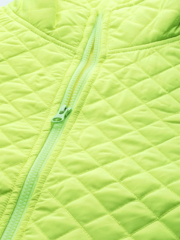 Neon Green Flap Pockets Quilted Puffer Jacket