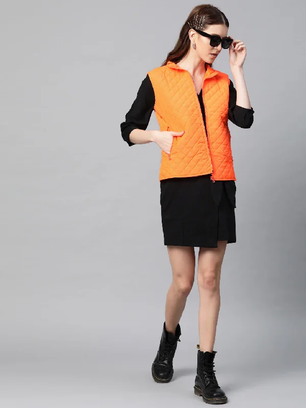 Neon Orange Sleeveless Quilted Puffer Jacket