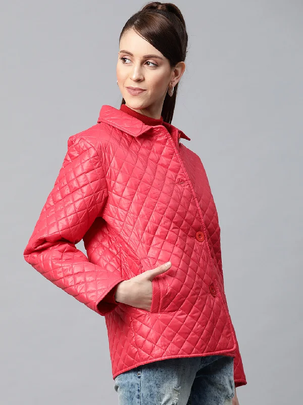 Red Collared Quilted Puffer Jacket