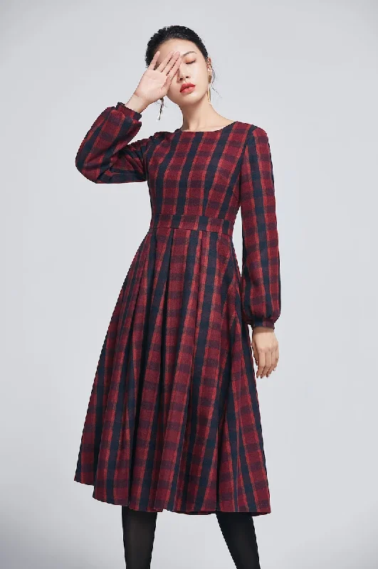 Retro plaid wool dress, midi wool dress 2264