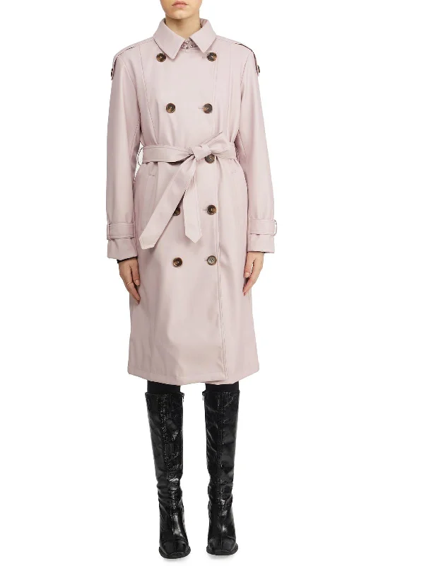 Womens Faux Leather Midi Trench Coat