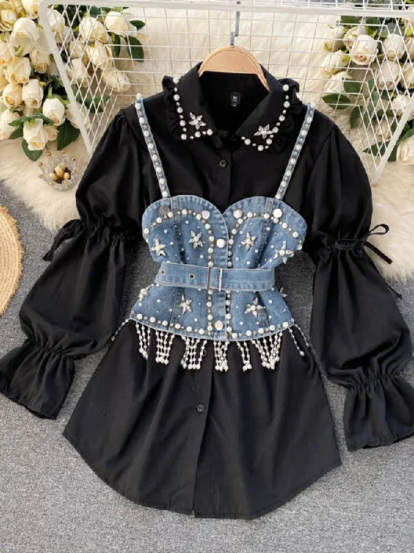 Znbbw Autumn New Blouse Women's Diamond Beaded Puff Sleeve Blusa Top Tassel Pearl Sling Waistcoat Two-piece Stacking Shirt C813