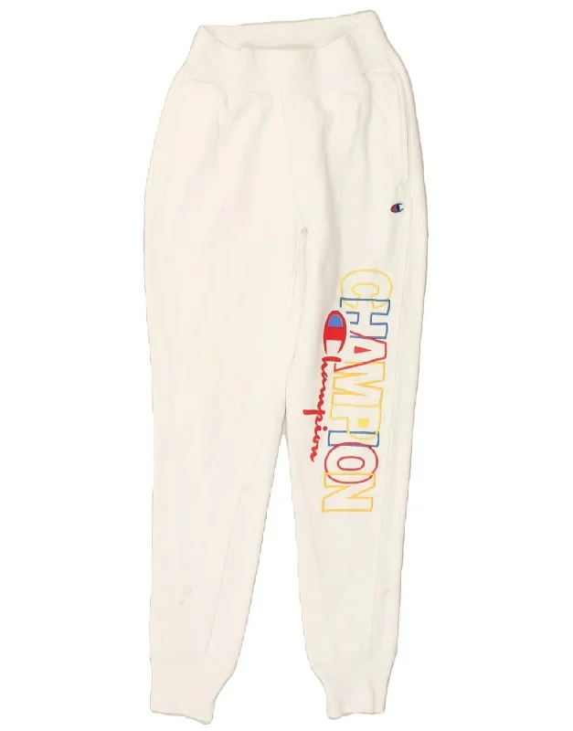 CHAMPION Womens Graphic Tracksuit Trousers Joggers UK 8 Small White Cotton