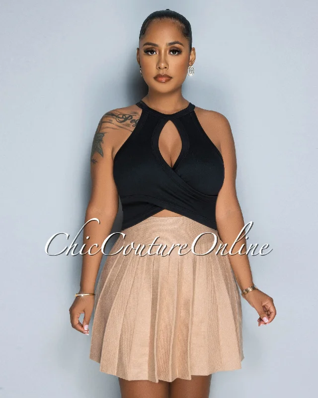 Amaria Nude Knit Pleated Mini Skirt