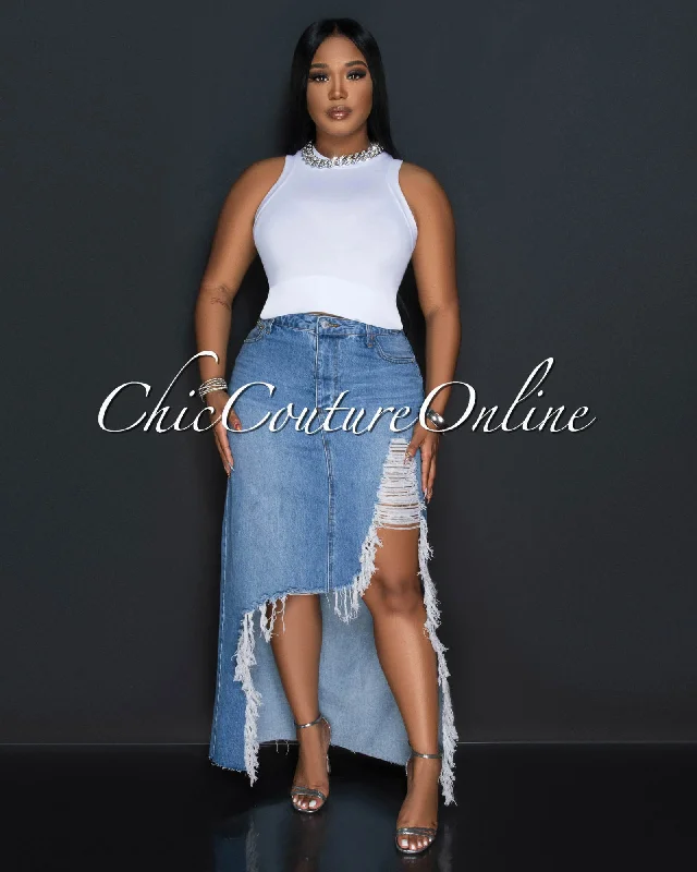 Caracas Light Blue Denim Distressed Fringe Maxi Skirt