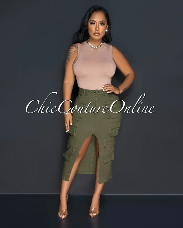 Carine Olive Green Front Slit Maxi Cargo Skirt