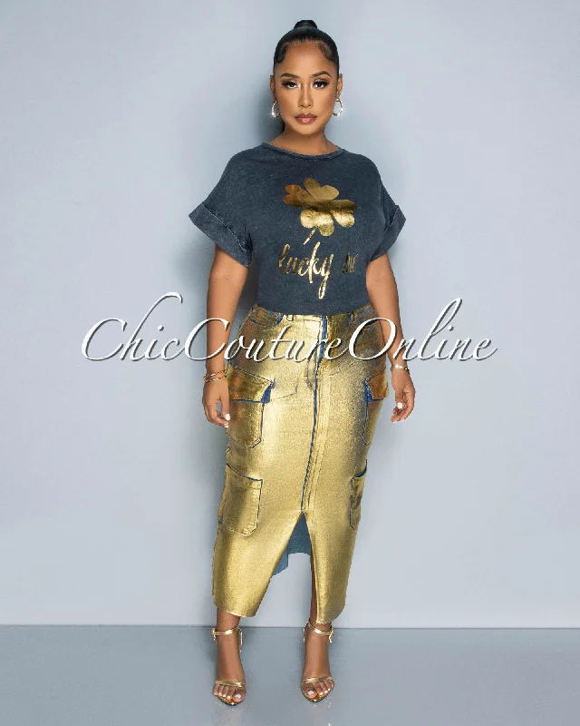 Kavia Denim Gold Foil Front Slit Maxi Cargo Skirt