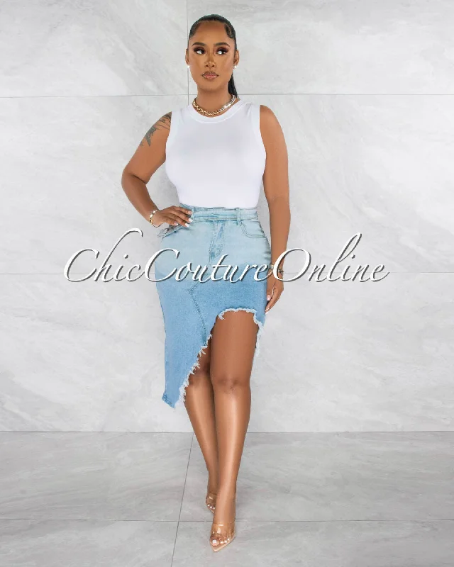 Lovy Light Denim Front Slit Distressed Midi Skirt