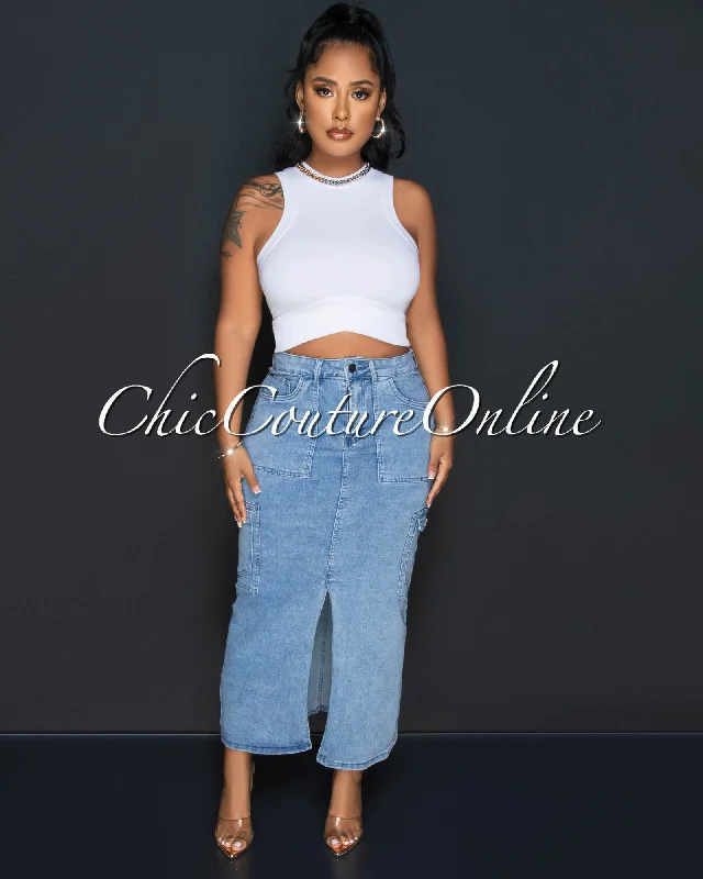 Manchester Light Denim Front Slit Maxi Cargo Skirt