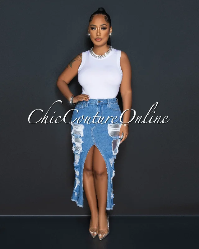 Raquel Medium Blue Distressed Accent Midi Skirt