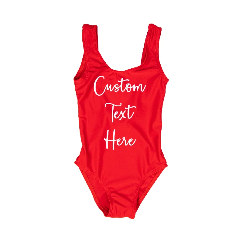 Custom Text Red Youth/ Kids One Piece Swimsuit