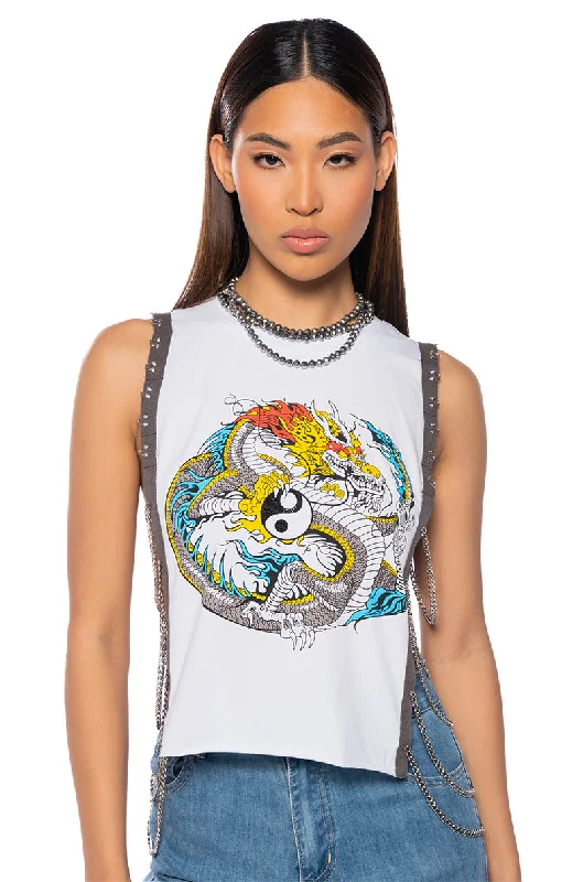 ANCIENT TALES CROPPED SIDE CHAIN GRAPHIC TANK