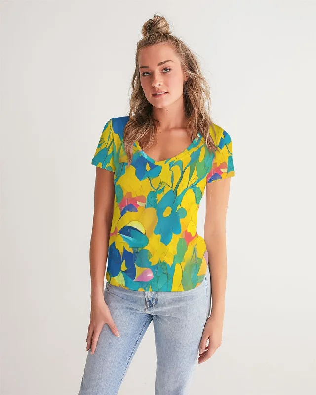 Beautiful yellow and blue hint of red pattern Women's V-Neck Tee