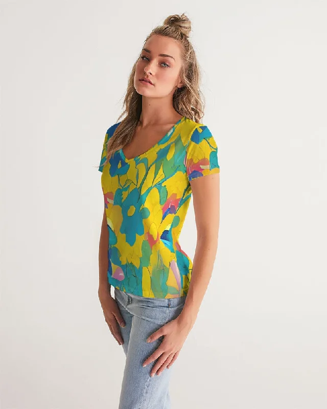 Beautiful yellow and blue hint of red pattern Women's V-Neck Tee