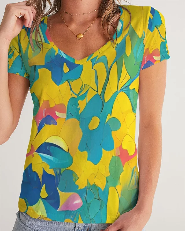 Beautiful yellow and blue hint of red pattern Women's V-Neck Tee