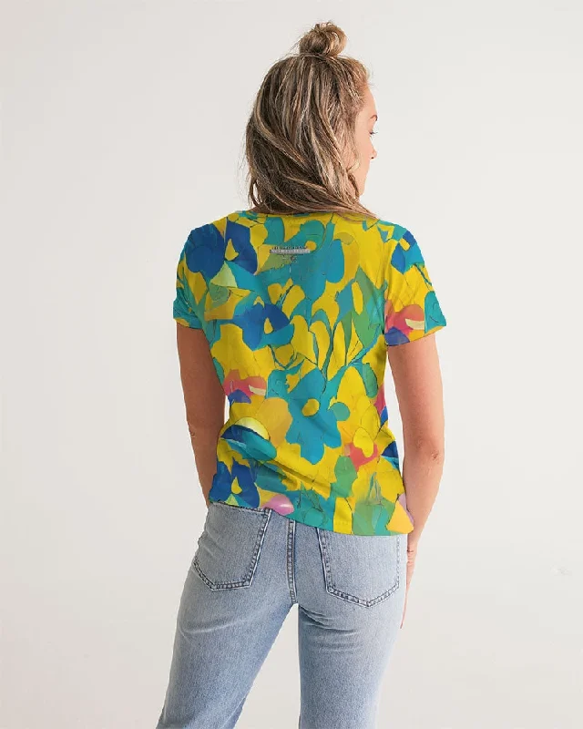 Beautiful yellow and blue hint of red pattern Women's V-Neck Tee