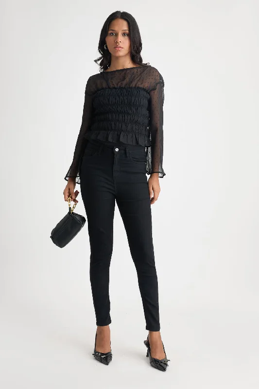 Black Mesh Ruched Top