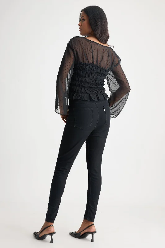 Black Mesh Ruched Top